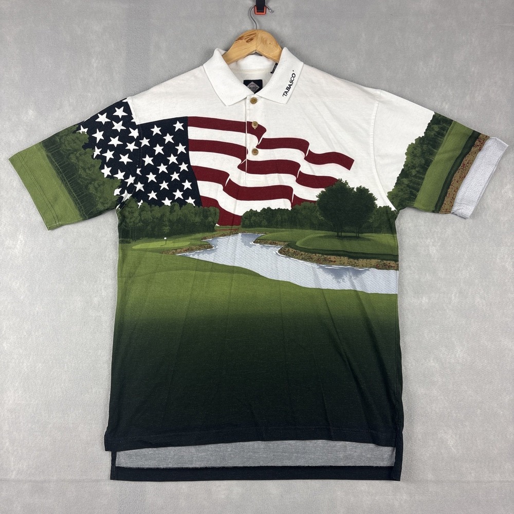 Vintage‎ Tabasco Polo Shirt Mens Medium White American Flag Golf AOP Patriotic